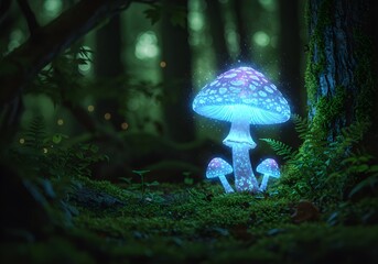 Glowing Mushrooms in Enchanted Forest with Mossy Tree and Fairy Lights