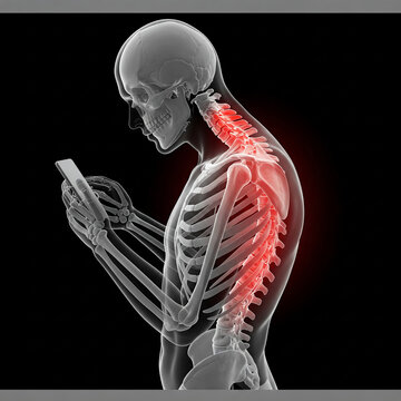 3d rendered illustration of a painful back. A detailed  illustration showing a human skeleton using a mobile phone, poor posture effects, back and neck pain.