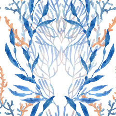 Blue and coral aquatic plant pattern showcasing intricate design with organic shapes inspired by...