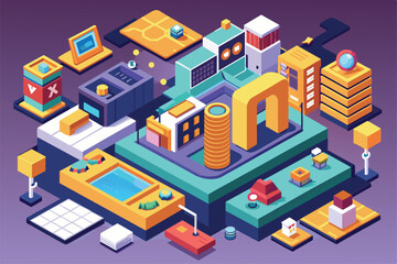 An isometric illustration showcases a lively urban area featuring various structures and engaging activities, Sup Customizable Isometric Illustration