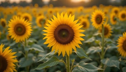 Obraz premium Endless Sunflower Field with Bright Yellow Blossoms Swaying in the Gentle Breeze