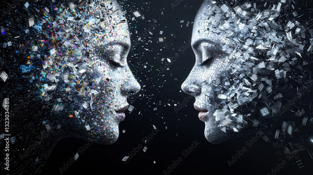 Poster artistic representation of women merging with digital elements, showcasing transformation and connec