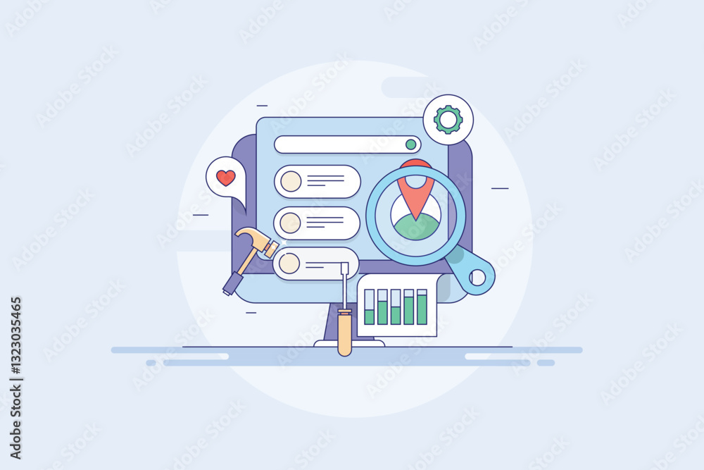 Poster website optimization and search engine ranking development concept, local seo and web traffic analyt