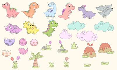 Dinosaurs in flat cartoon style. Dinosaur vector illustration. Super Cute dinosaurs on white background.
Children's collection includes cute dinosaurs, palm trees, volcanoes. Cute prehistoric dinosaur