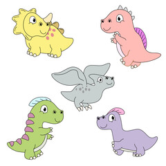Dinosaurs in flat cartoon style. Dinosaur vector illustration. Super Cute dinosaurs on white background.
Children's collection includes cute dinosaurs, palm trees, volcanoes. Cute prehistoric dinosaur