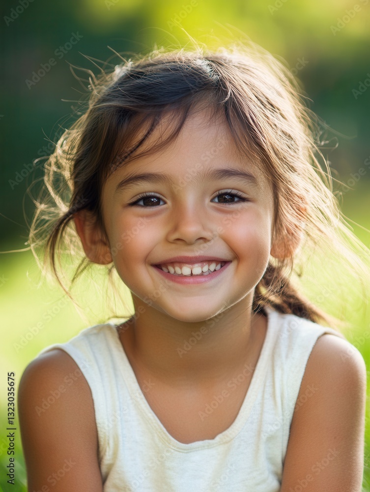 Poster portrait of a smiling child enjoying a sunny day in the park with green grass and bright sunlight il