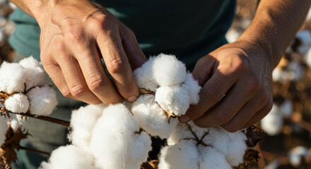 Hands carefully picking fluffy cotton bolls on a sunny day in the field, ready for harvest.