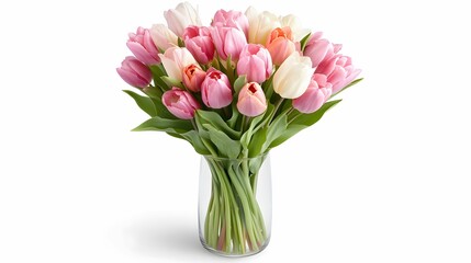 A vibrant bouquet of pink and white tulips elegantly arranged in a clear vase, showcasing their delicate petals and lush green leaves.