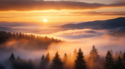 Fototapeta premium Serene Sunrise Over Misty Forest Landscape with Soft Orange and Yellow Hues in the Sky