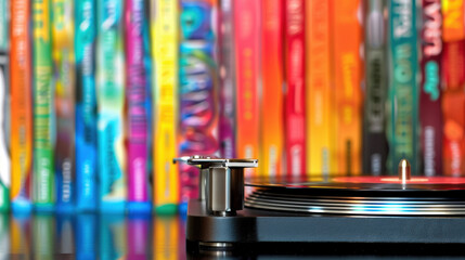 Close-up of a vinyl record spinning on a turntable, symbolizing music collection and nostalgia, with blurred album covers in the background. Music and retro concept.