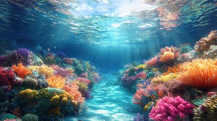 Obraz premium Vibrant underwater coral reef scene with sunlight.