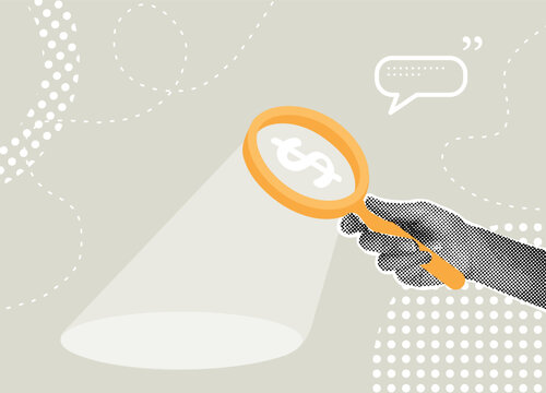 Trendy halftone collage. Searching for financial opportunities. Stock market research concept , hidden costs concept, search for investment opportunities