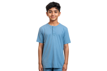 Portrait of a handsome boy in casual t-shirt, kids fashion clothing, isolated on transparent background