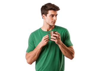 Young handsome guy holding a glass of coffee, isolated on white background
