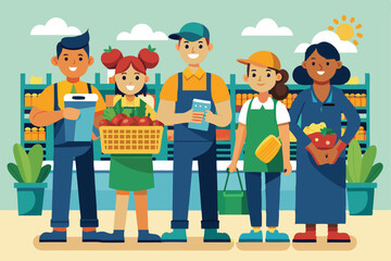 Supermarket workers showcase their customizable outfits while standing in a vibrant produce section, Supermarket workers Customizable Disproportionate Illustration