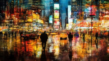 Naklejka premium A Rainy Night In The City With Bright Lights And Silhouettes