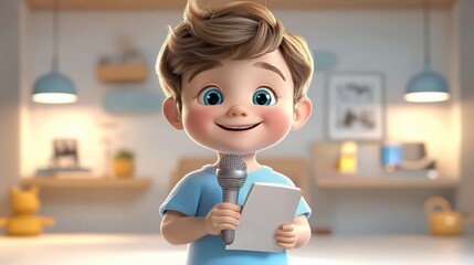 Cheerful Young Boy Reporter Holding Microphone and Notepad