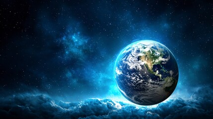 Obraz premium Earth surrounded by beautiful white clouds and shimmering stars in the dark sky, creating a mystical cosmic scene