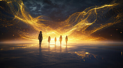 serene image of women walking confidently into glowing landscape, surrounded by golden light and swirling patterns