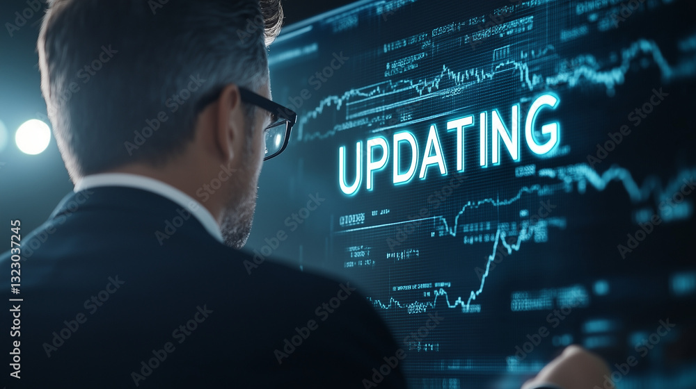 Poster market data monitor: a focused individual in professional attire intently observes a screen displayi
