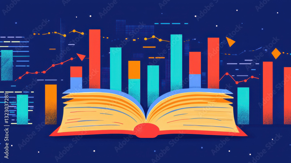 Poster open book with colorful graphs and charts, representing data analysis and learning