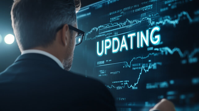 Market Data Monitor: A focused individual in professional attire intently observes a screen displaying live financial data and updates.