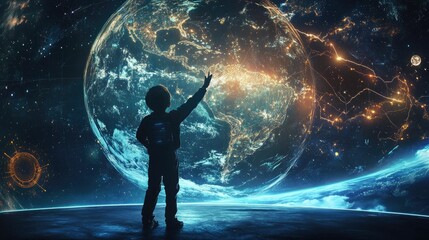 Child astronaut gazing at illuminated planet, starry space.