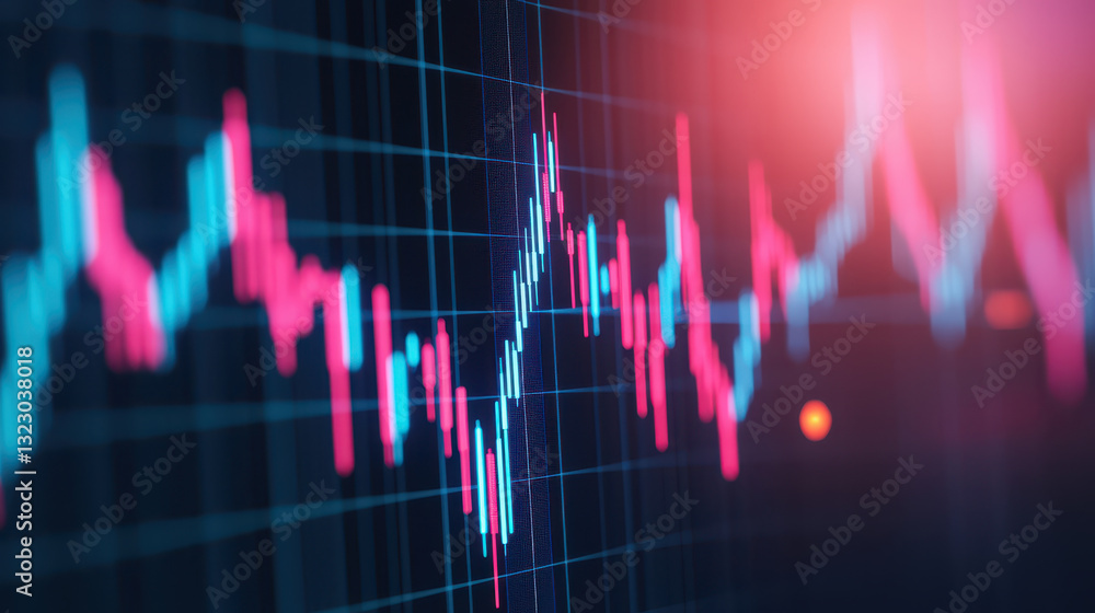 Poster colorful stock market graph with fluctuating lines and data points, representing financial trends an