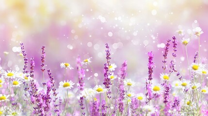 Fototapeta premium Lavender and Daisies Bloom in Sunny Meadow