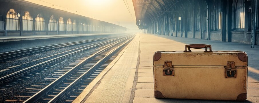 A weathered suitcase sits on a train platform in the morning light