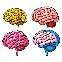 Fototapeta premium Colorful Human Brain Anatomy Illustrations Yellow Pink Blue Red Medical Graphics