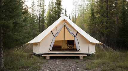 Cozy Camping Retreat: An inviting canvas tent stands nestled amidst towering evergreen trees, offering a peaceful outdoor escape, evoking a sense of tranquility and adventure. 