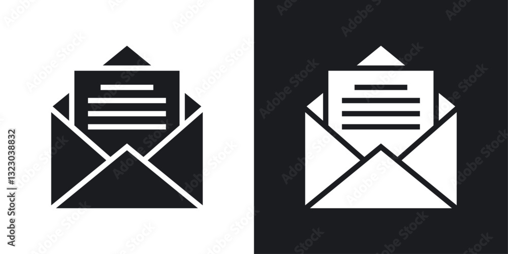Poster envelope open icons set in flat filled style.