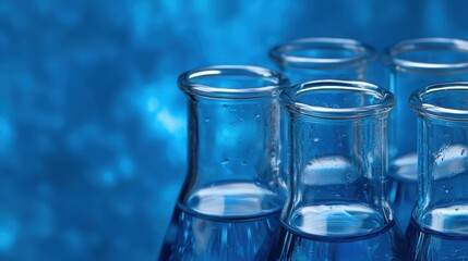 Clear Glass Flasks with Blue Liquid Against a Soft Blue Background
