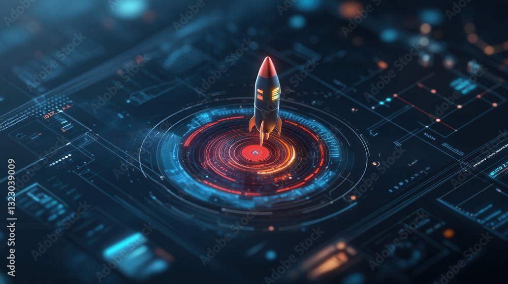 Poster visually striking rocket on digital interface, symbolizing innovation and technology