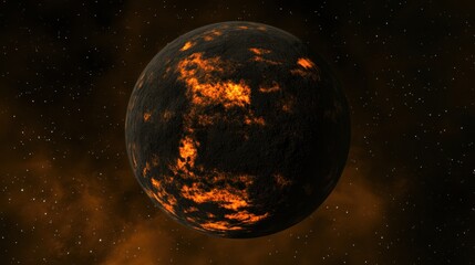 Fiery Volcanic Planet In A Dark Nebula Space