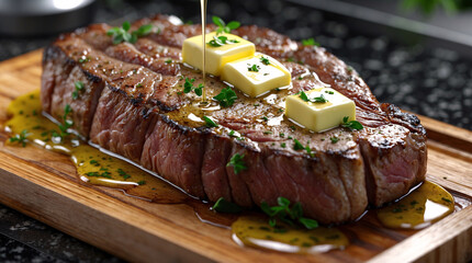 Sizzling barbecue meat with golden butter and fresh herbs ideal for a savory main course in gourmet restaurants food stock photo inspiration for menu