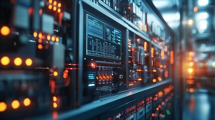 Obraz premium High-Tech Server Room with Illuminated Control Panels and Digital Displays
