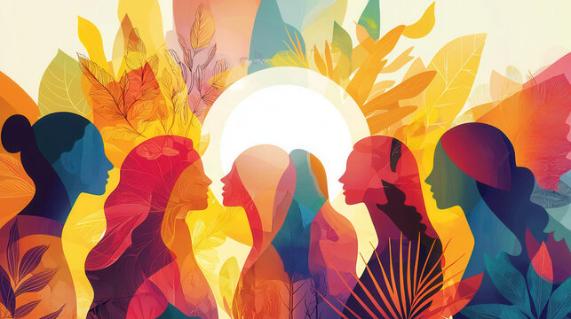 Vibrant scene of women celebrating diversity with colorful leaves and sun
