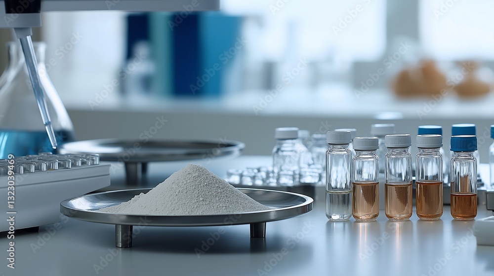 Poster laboratory setup with scales, vials, and powder for experiments. this captures modern lab environmen