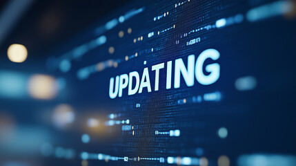 Digital Update: A close-up captures the dynamic digital world, showcasing an "UPDATING" message on a glowing screen, suggesting progress and the changing world of tech.