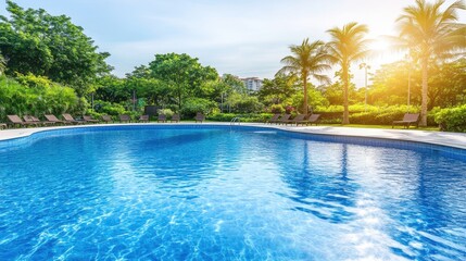 Obraz premium Tranquil Poolside Oasis With Lush Greenery and Palm Trees