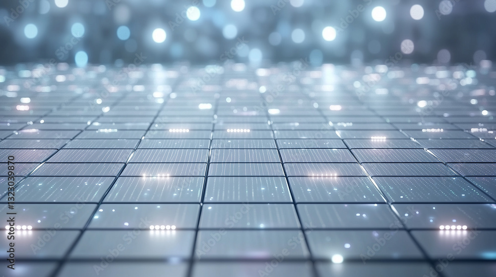Poster digital matrix: a high-angle shot of a futuristic digital matrix, composed of illuminated squares th