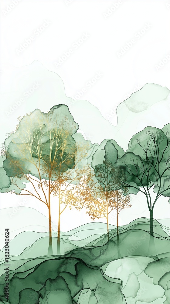 Poster minimalist abstract nature painting with layered overlapping green shapes, fine-line trees in golden