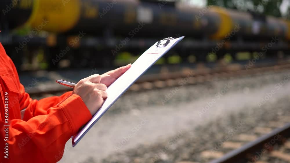 Wall mural an engineer is checking heavy machine checklist form during inspecting condition, with blurred backg