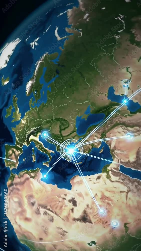 Poster global network connections illuminating europe and asia with dynamic data flow