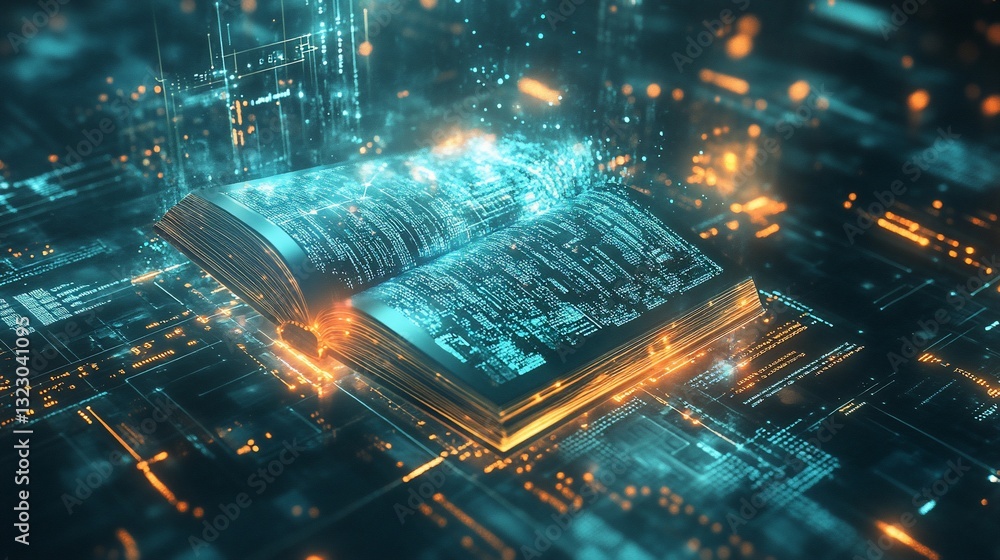 Poster futuristic open book with glowing blue digital code on its pages with circuits background