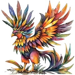 Obraz premium Majestic Colorful Phoenix Bird Illustration A vibrant fantasy creature with intricate plumage.