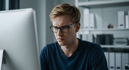 Fototapeta premium Focused Young Man Working at a Computer Man Analyzing Data on a Computer Screen 