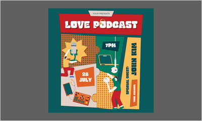 Love Podcast Socials Media. Streaming online. Radio show. Light sign. Night club logotype. Fluorescent signboard. Vector stock illustration
